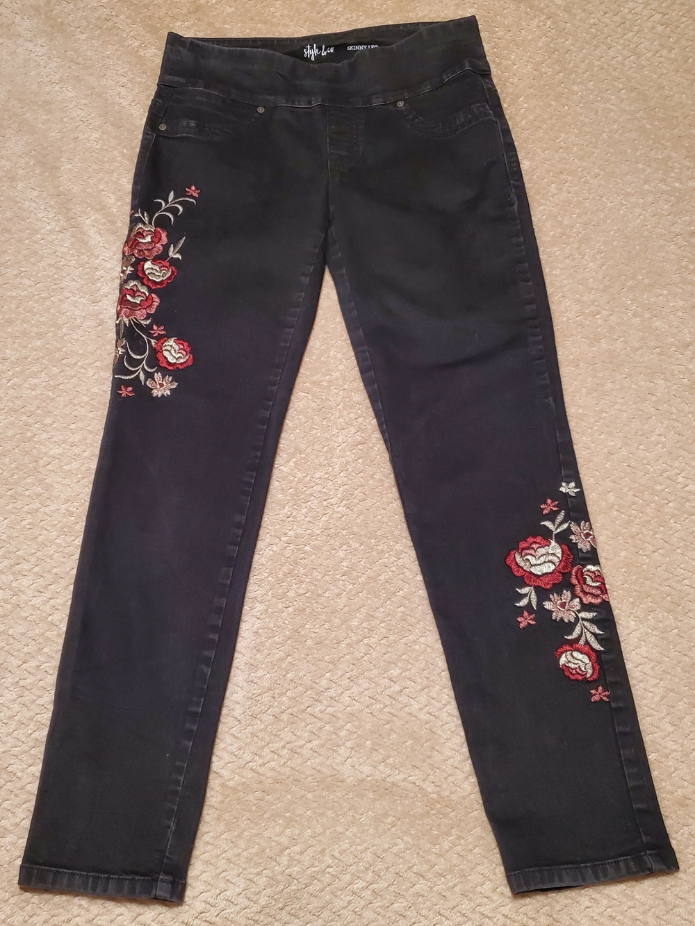Style & Co. Black Skinny Leg Jeans with Floral Embroidery